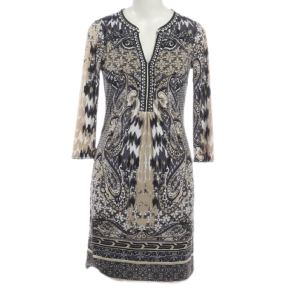 Hale Bob Long Sleeve Paisley Print Dress in Black and Tan